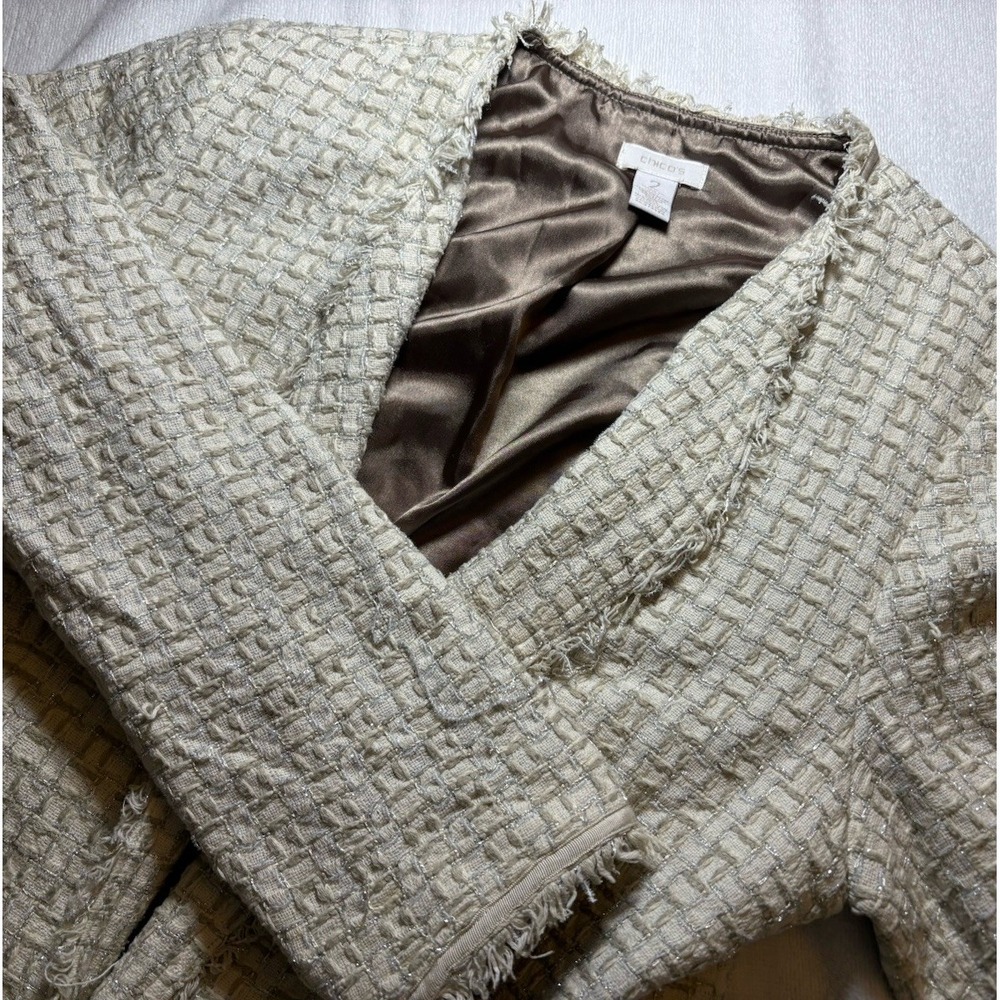 Chico's Tweed Frayed Fringe Edge Open Jacket Women's‎ Size 2 US Size 12 (flaws)